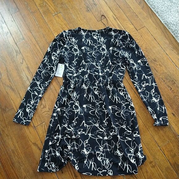 New Nine West Faux Wrap Mini Dress Women's Medium Long Sleeve Black Scribble - Picture 10 of 10